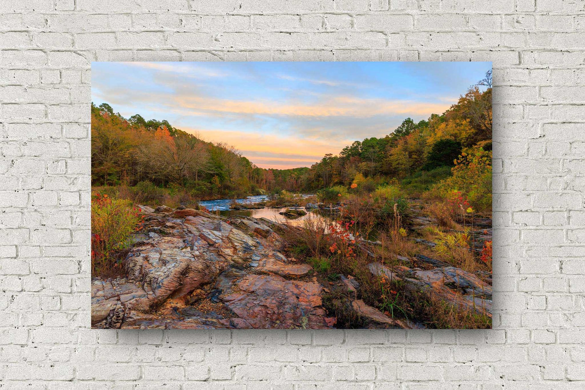 Beavers Bend aluminum metal print of fall color surrounding a creek at sunset on an autumn evening near Broken Bow Lake in southeast Oklahoma by Sean Ramsey of Southern Plains Photography.