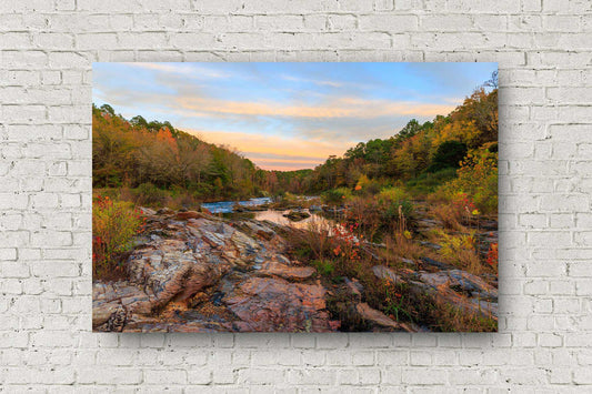 Beavers Bend aluminum metal print of fall color surrounding a creek at sunset on an autumn evening near Broken Bow Lake in southeast Oklahoma by Sean Ramsey of Southern Plains Photography.
