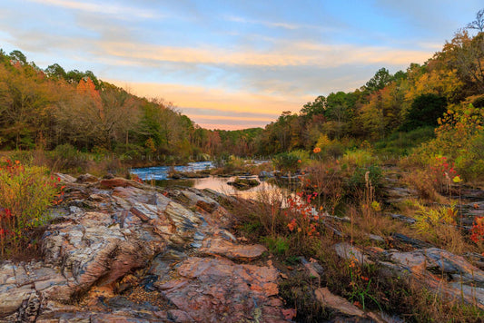 Landscape photography print of fall color surrounding creek at sunset on an autumn evening near Broken Bow Lake at Beavers Bend State Park, Oklahoma by Sean Ramsey of Southern Plains Photography.