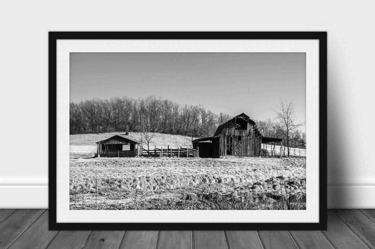 Framed country print in black and white of a rustic barn and pen on an early spring day in the mountains of Arkansas by Sean Ramsey of Southern Plains Photography.