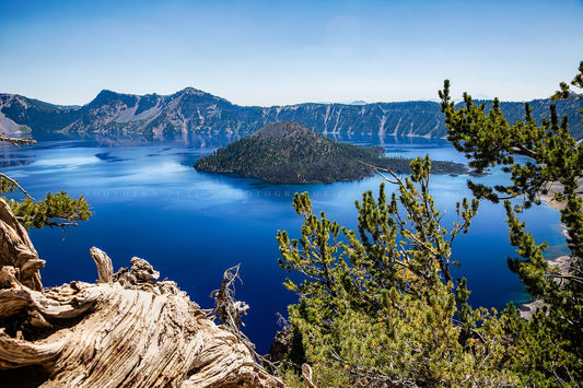 Pacific Northwest photography print of Crater Lake and Wizard Island on a warm summer day in Oregon by Sean Ramsey of Southern Plains Photography.
