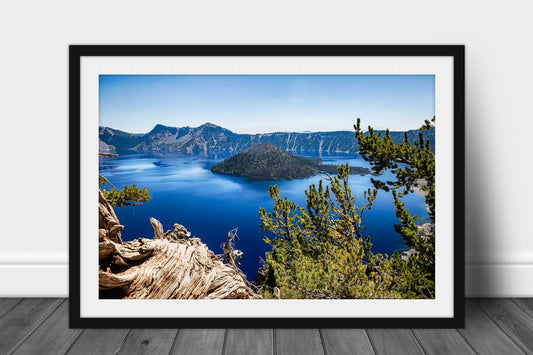 Pacific Northwest framed print with optional mat of Crater Lake and Wizard Island on a summer day at Crater Lake National Park in Oregon by Sean Ramsey of Southern Plains Photography.
