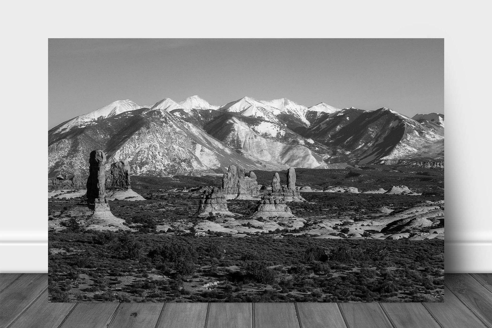 Black and White Rocky Mountains aluminum metal print wall art of the La Sal Mountains overlooking hoodoos in Arches National Park near Moab, Utah by Sean Ramsey of Southern Plains Photography.