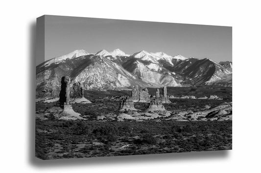 Black and White Rocky Mountains gallery wrapped canvas wall art of the La Sal Mountains overlooking hoodoos in Arches National Park near Moab, Utah by Sean Ramsey of Southern Plains Photography.