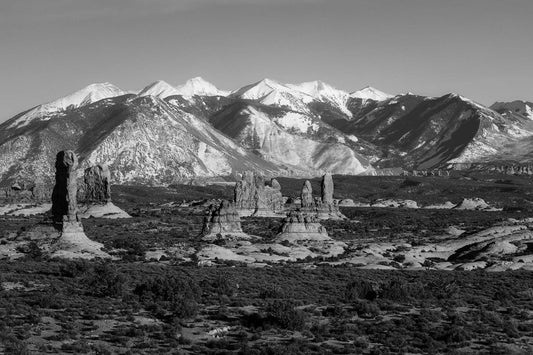 Black and White Rocky Mountains print of the La Sal Mountains overlooking hoodoos in Arches National Park near Moab, Utah by Sean Ramsey of Southern Plains Photography.