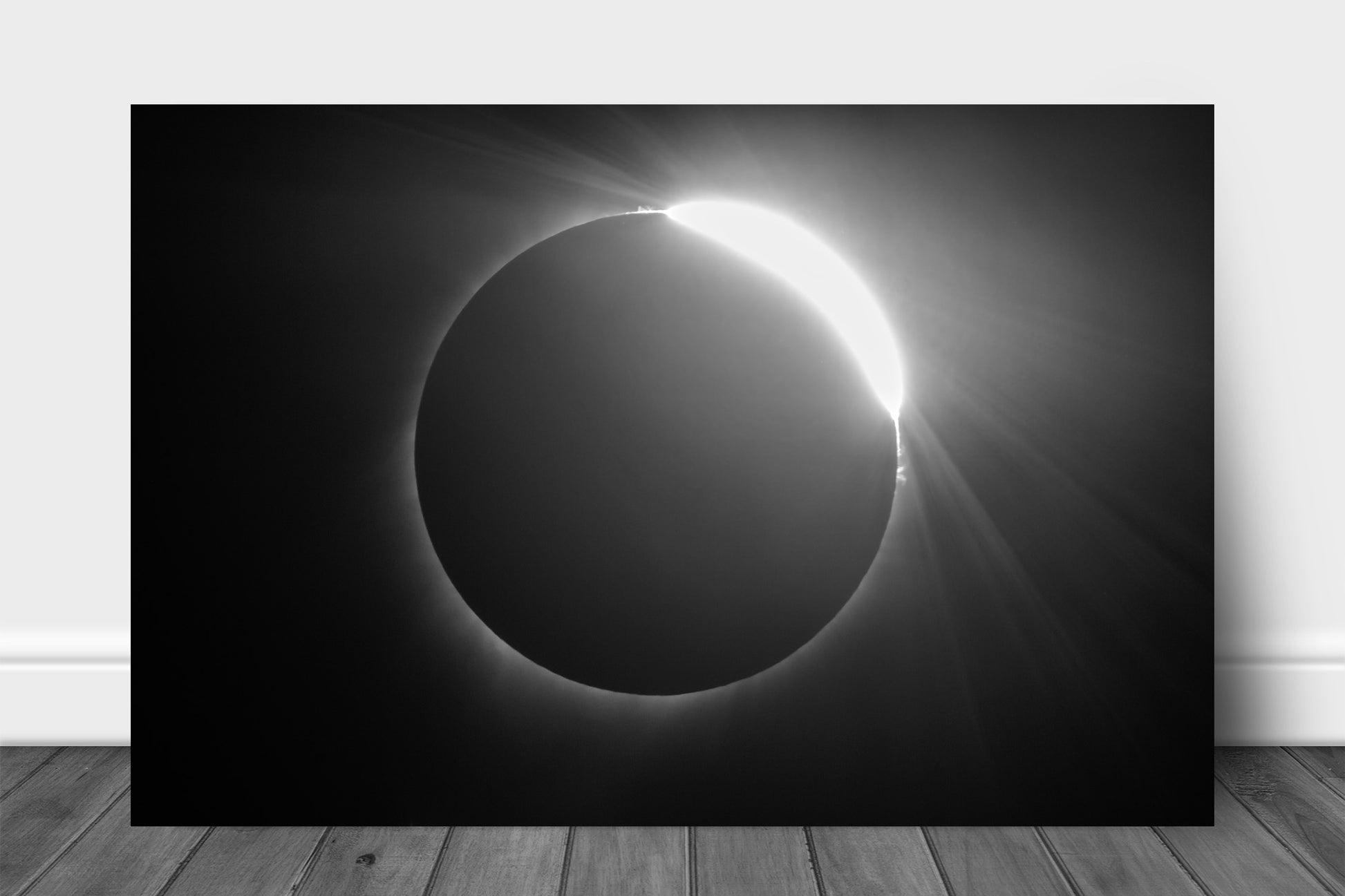 Celestial photography print in black and white of a total solar eclipse with the Diamond Ring effect just after totality in the Nebraska sky by Sean Ramsey of Southern Plains Photography.