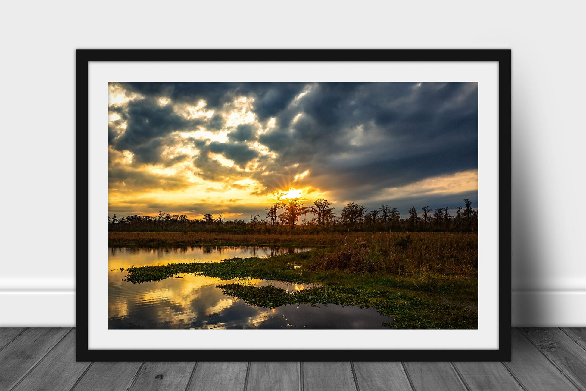 Framed and matted swamp print of a golden sunset taking place over Cypress trees along a bayou in Louisiana by Sean Ramsey of Southern Plains Photography.