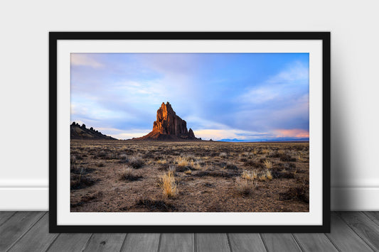 Framed and matted southwestern landscape print of Shiprock glowing in evening light at sunset in the Navajo lands near the Four Corners region of New Mexico by Sean Ramsey of Southern Plains Photography. 