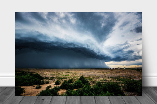 Storm aluminum metal print wall art of a drought busting thunderstorm brining rain to dusty fields on a stormy summer day on the plains of Kansas by Sean Ramsey of Southern Plains Photography.