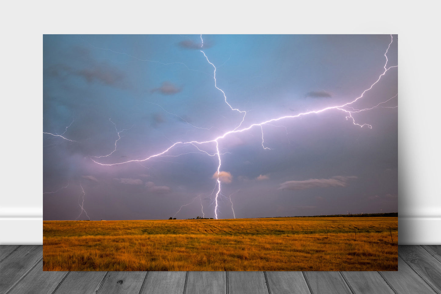 Storm aluminum metal print wall art of lightning spanning the sky over an open field on a stormy spring evening in Oklahoma by Sean Ramsey of Southern Plains Photography.