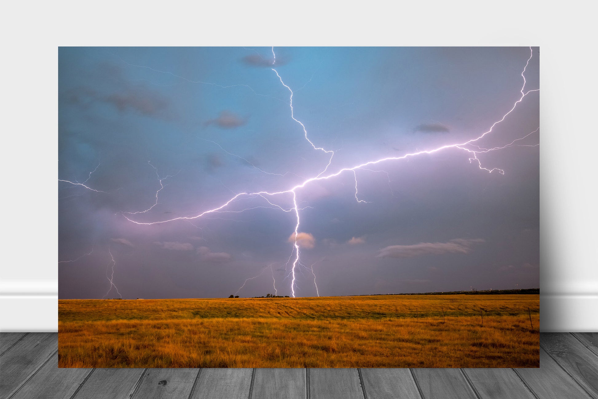Storm aluminum metal print wall art of lightning spanning the sky over an open field on a stormy spring evening in Oklahoma by Sean Ramsey of Southern Plains Photography.