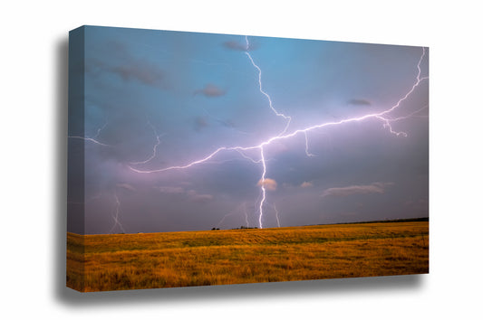 Storm canvas wall art of lightning spanning the sky over an open field on a stormy spring evening in Oklahoma by Sean Ramsey of Southern Plains Photography.