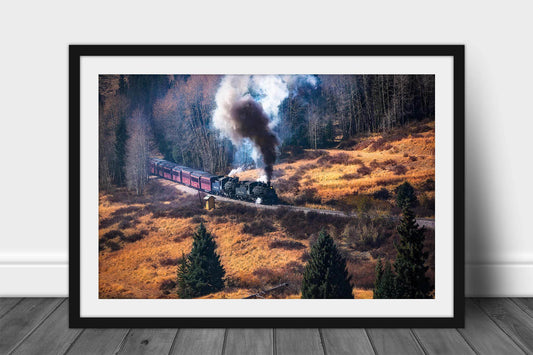 Framed and matted train print of a steam locomotive emerging from a forest in the Rocky Mountains of Colorado by Sean Ramsey of Southern Plains Photography.