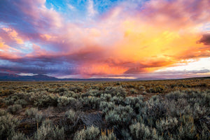 Landscape photography print of a colorful storm cloud over sagebrush on an autumn evening near Taos, New Mexico by Sean Ramsey of Southern Plains Photography.