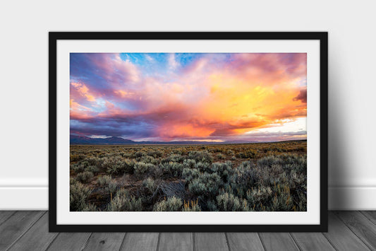 Southwestern framed print with optional mat of colorful storm clouds over sagebrush on an autumn evening near Taos, New Mexico by Sean Ramsey of Southern Plains Photography.