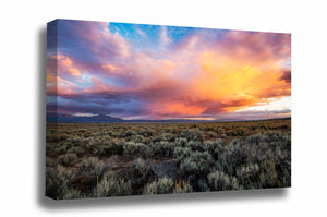 High desert canvas wall art of colorful monsoon storm clouds over sagebrush near Taos, New Mexico by Sean Ramsey of Southern Plains Photography.