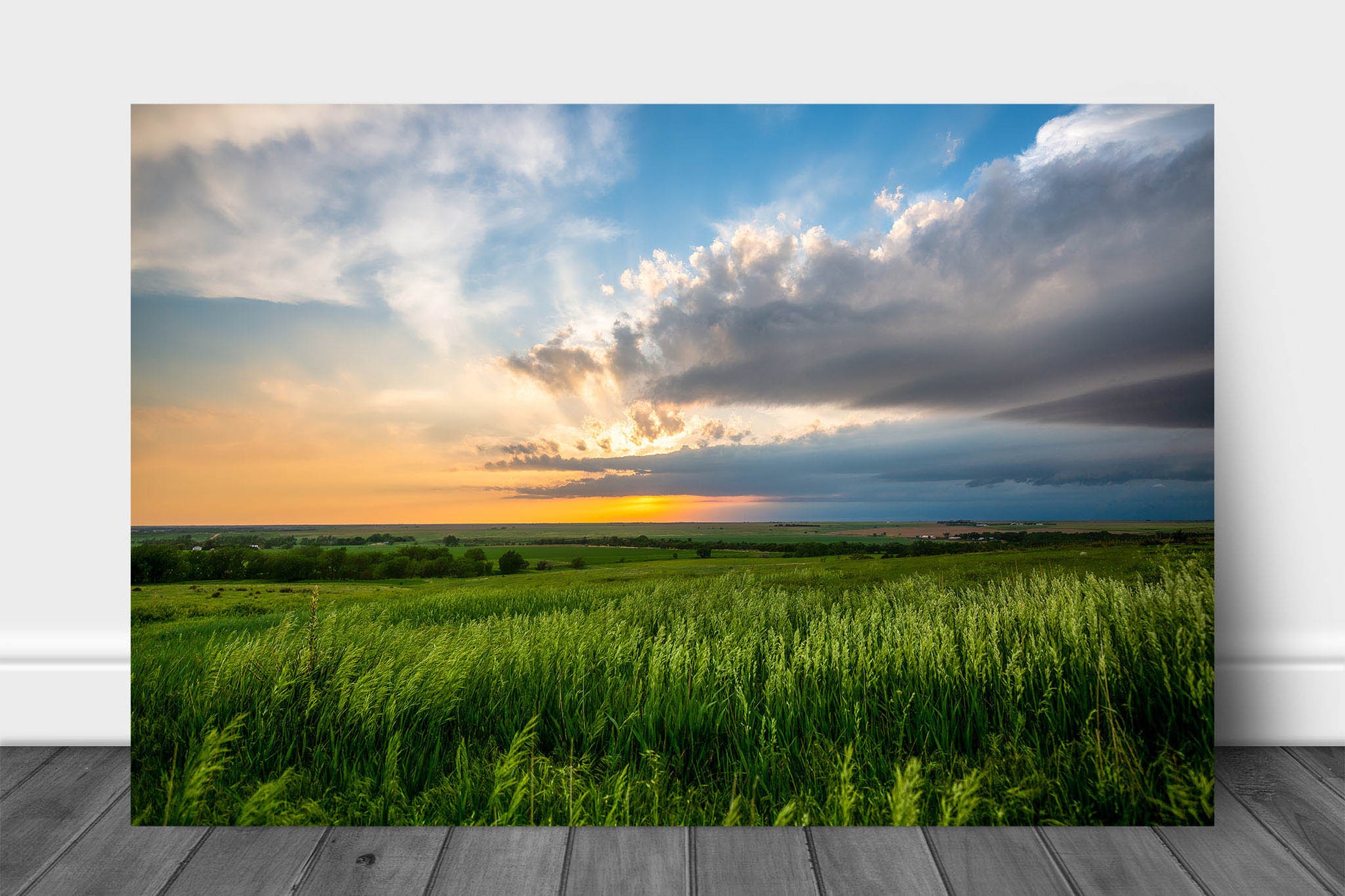 Great Plains metal print wall art of a stormy sky over vast open prairie at sunset on a spring evening in Kansas.