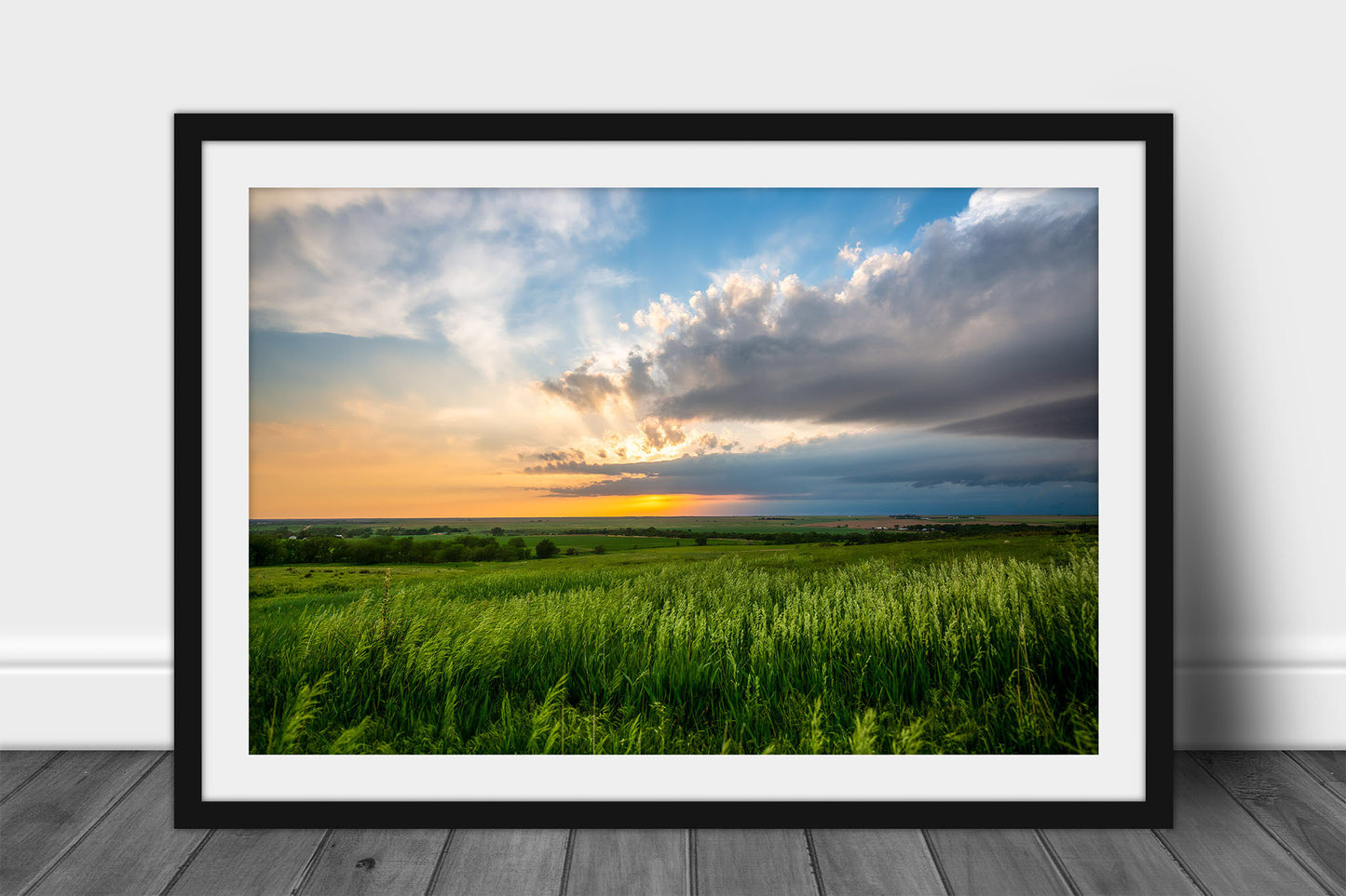 Framed and matted Great Plains print of a stormy sunset over the vast open prairie on a spring evening in Kansas by Sean Ramsey of Southern Plains Photography.