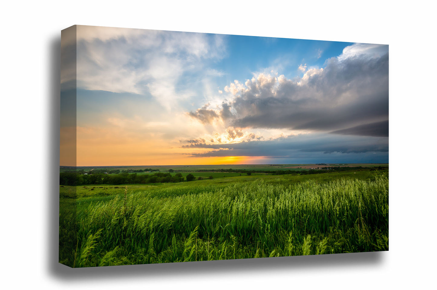 Great Plains canvas wall art of a warm sunset taking place as a stormy sky begins to clear over open prairie on a spring evening in Kansas by Sean Ramsey of Southern Plains Photography.