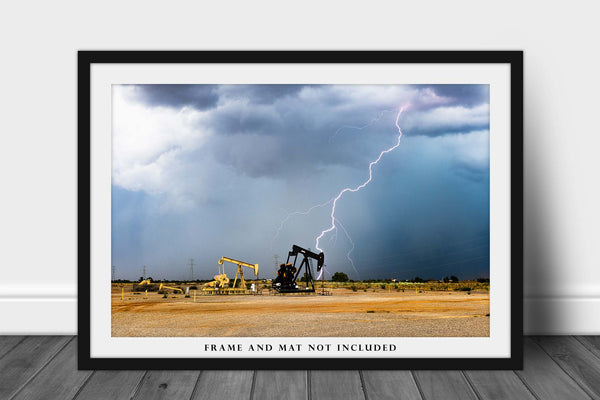 Storm Photo Print | Lightning Bolt and Pump Jack Picture | Oklahoma Wall Art | Thunderstorm Photography | Oilfield Decor
