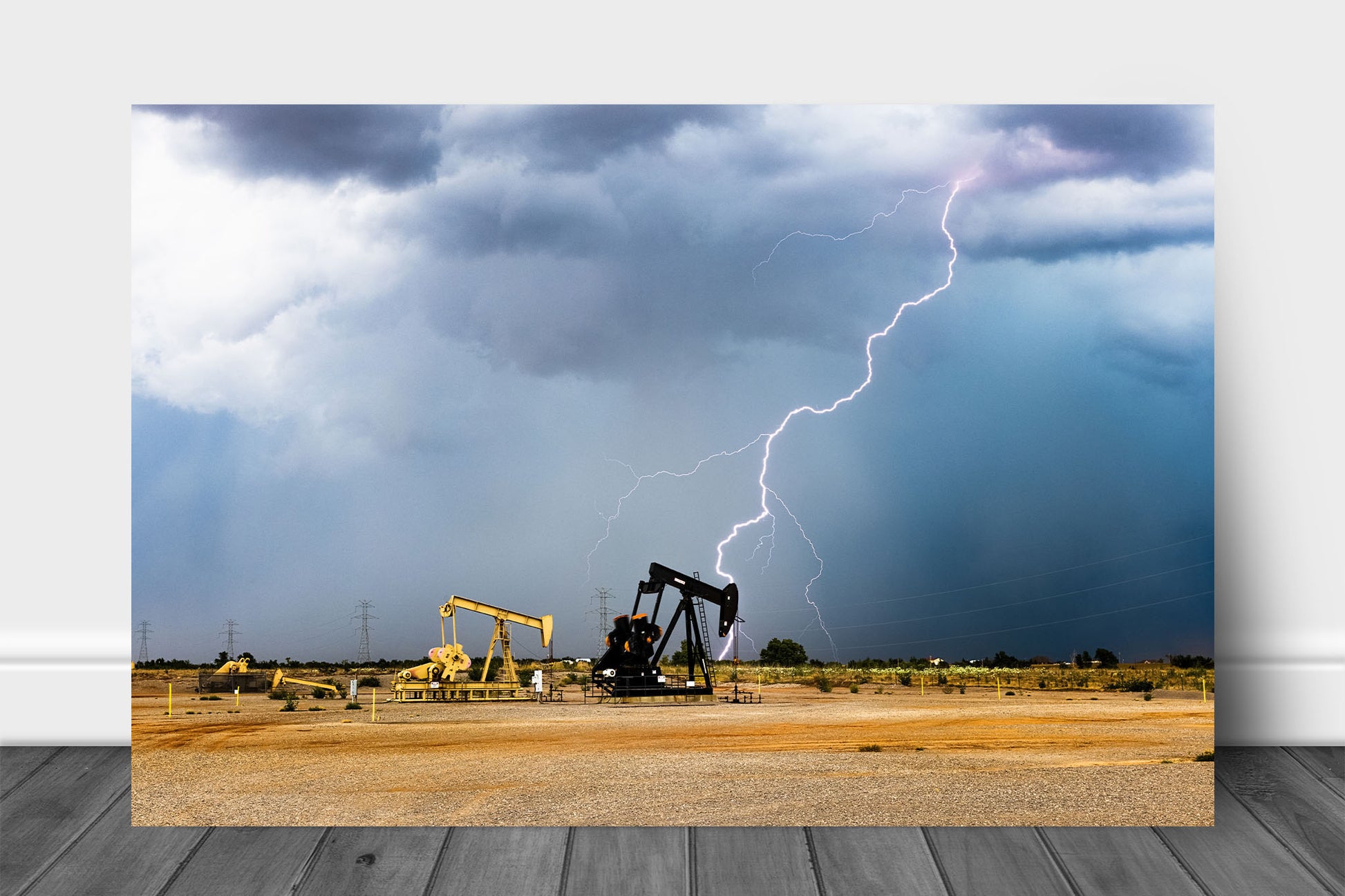 Storm metal print wall art on aluminum of lightning striking behind pump jacks on a stormy spring day in Oklahoma by Sean Ramsey of Southern Plains Photography.