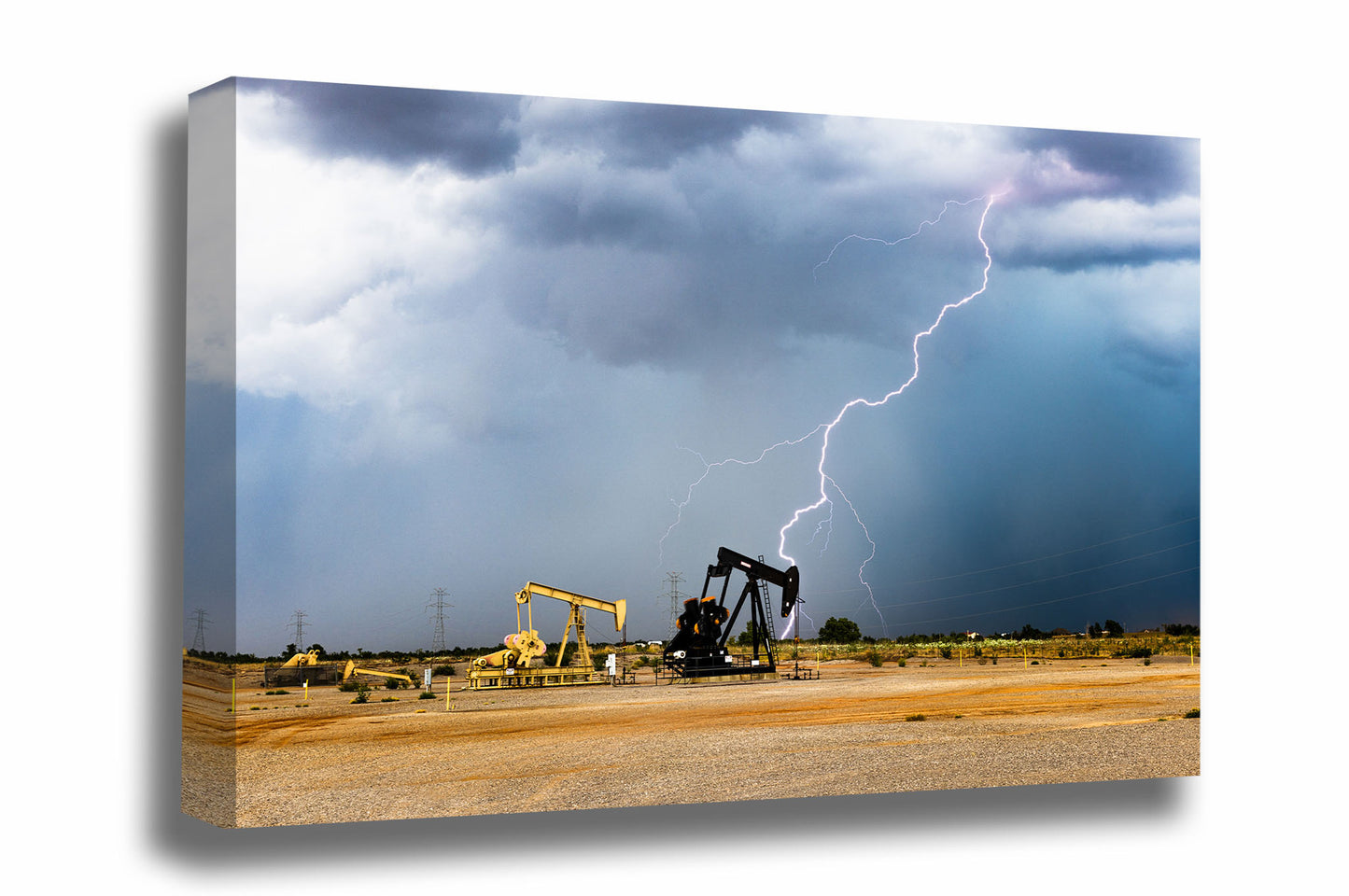 Oilfield canvas wall art of a lightning bolt striking behind pump jacks on a stormy summer day in Oklahoma by Sean Ramsey of Southern Plains Photography.