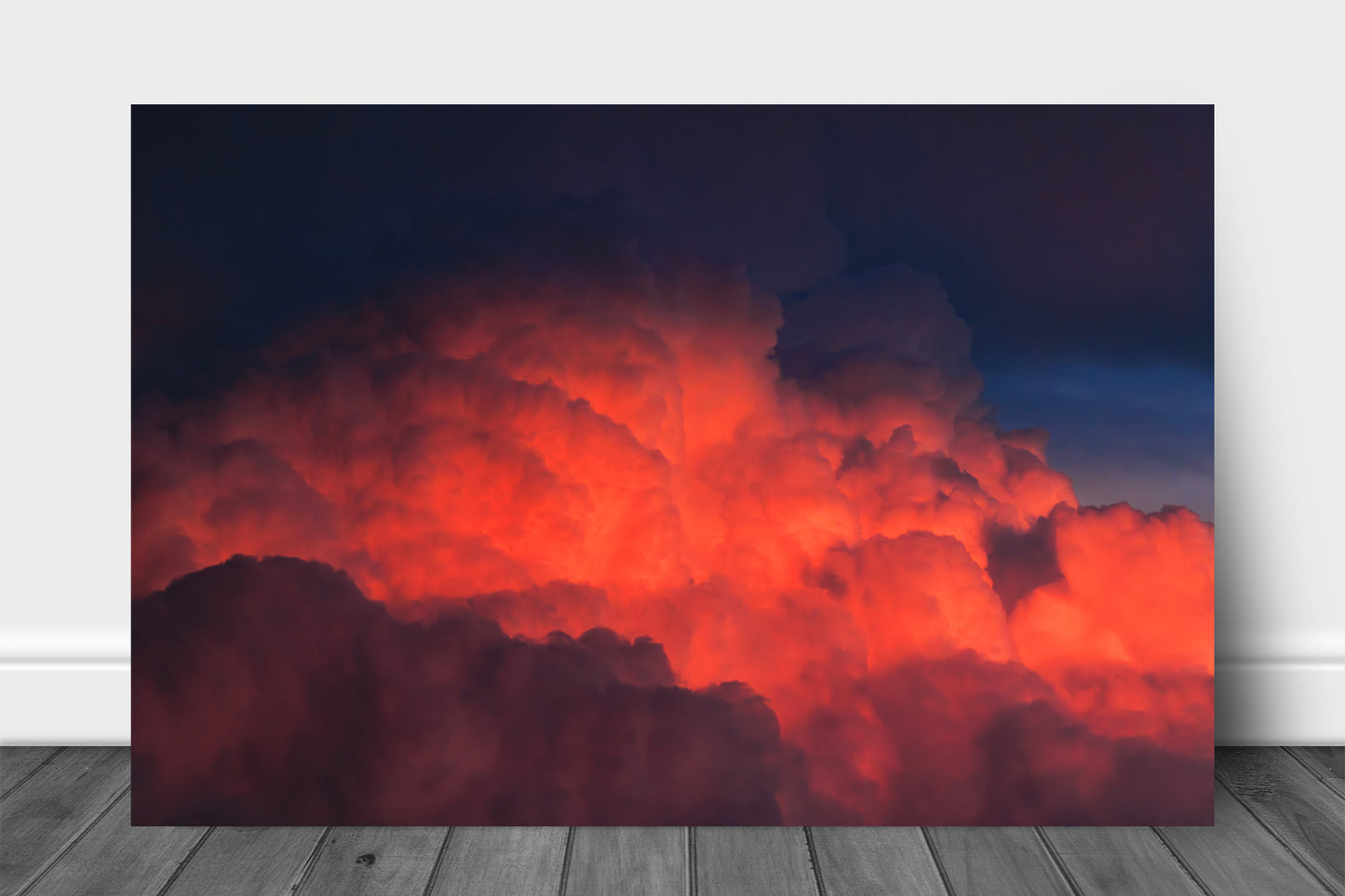 Stormy sky aluminum metal print wall art of fiery red cumulonimbus storm clouds rising high into the sky at sunset on a stormy evening in Texas by Sean Ramsey of Southern Plains 