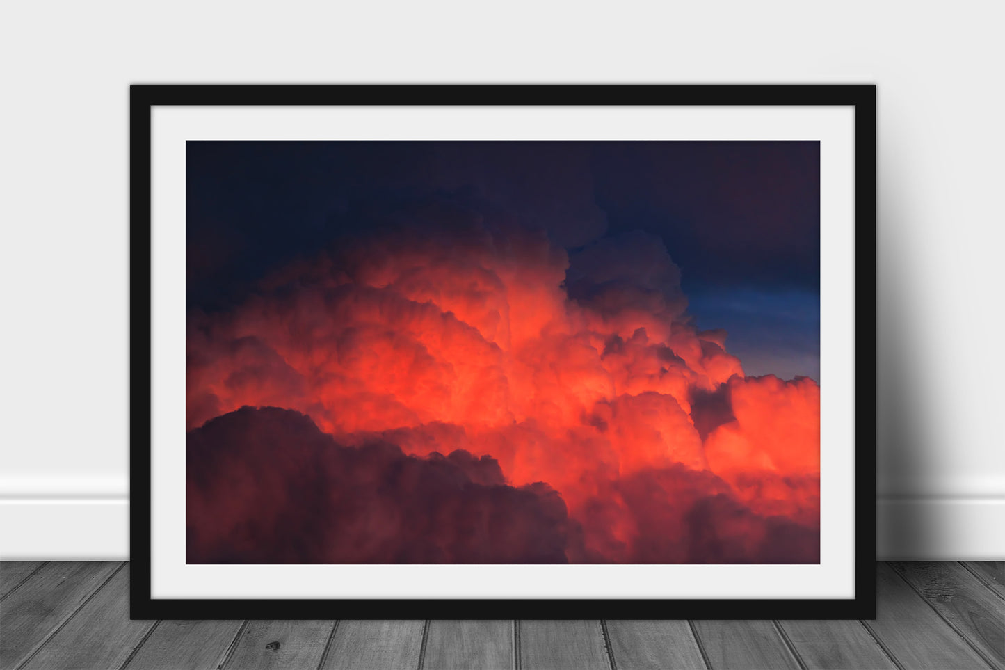 Framed stormy sky print of fiery red cumulonimbus storm clouds rising high into the sky at sunset on a stormy evening in Texas by Sean Ramsey of Southern Plains 