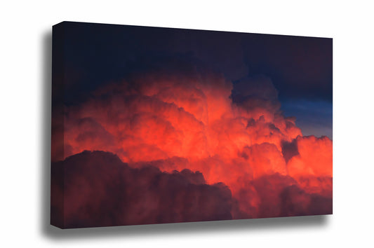 Stormy sky gallery wrapped canvas wall art of fiery red cumulonimbus storm clouds rising high into the sky at sunset on a stormy evening in Texas by Sean Ramsey of Southern Plains 
