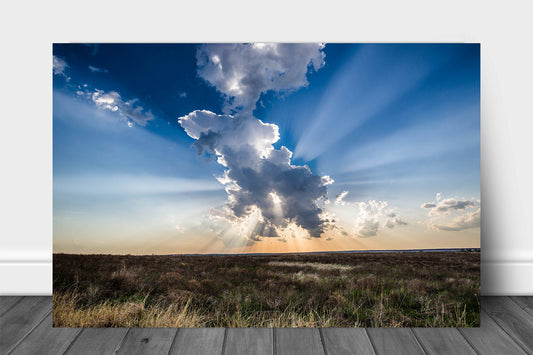 Great Plains metal print on aluminum of sunbeams bursting from behind a storm cloud over open prairie on a spring day in Kansas by Sean Ramsey of Southern Plains Photography.