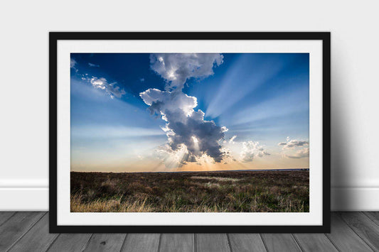 Framed celestial print of sunbeams bursting from behind a storm cloud on a spring evening on the Kansas prairie by Sean Ramsey of Southern Plains Photography.
