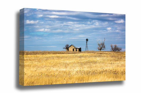 Country gallery wrapped canvas wall art of an abandoned homestead and old windmill on a rise in a field of golden prairie grass on a winter day in Oklahoma by Sean Ramsey of Southern Plains Photography. 