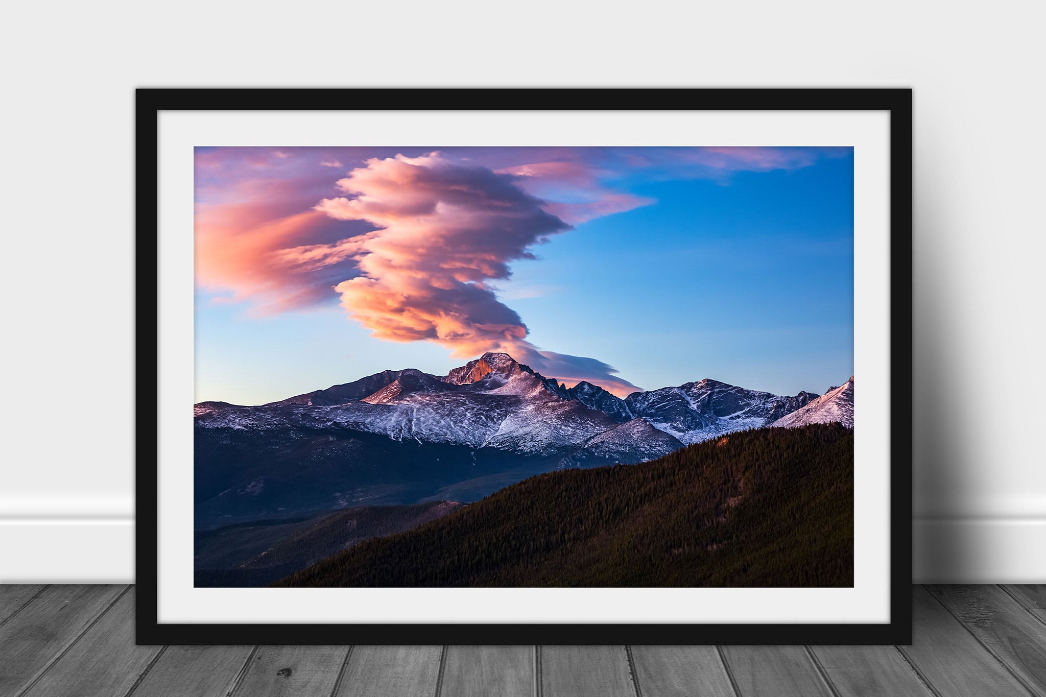 Framed western landscape print of Longs Peak with a cloud rising above illuminated by morning sunlight at sunrise in Rocky Mountain National Park, Colorado by Sean Ramsey of Southern Plains Photography.