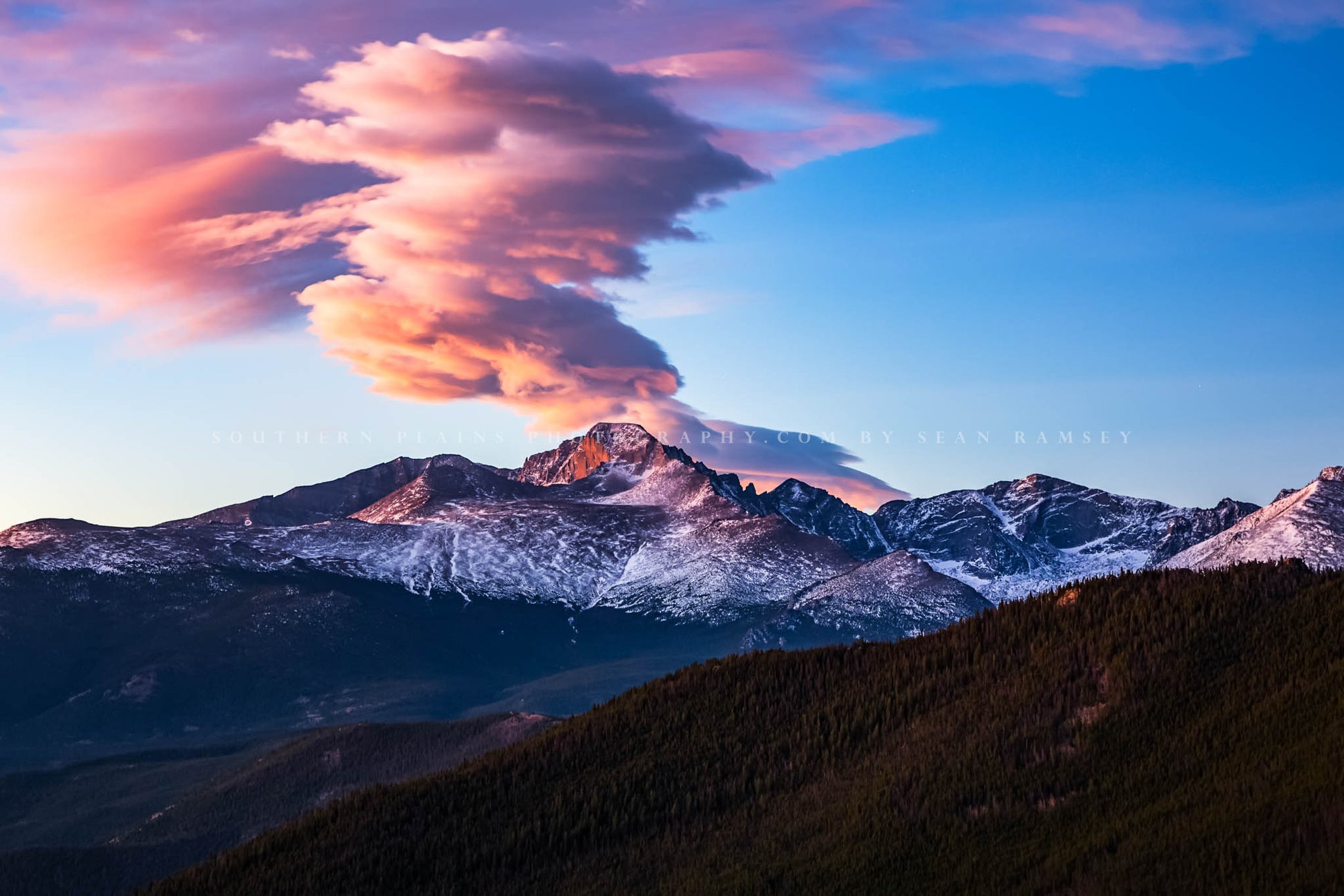 Western landscape photography print of a cloud rising above Longs Peak at sunrise on an autumn morning in Rocky Mountain National Park, Colorado by Sean Ramsey of Southern Plains Photography.