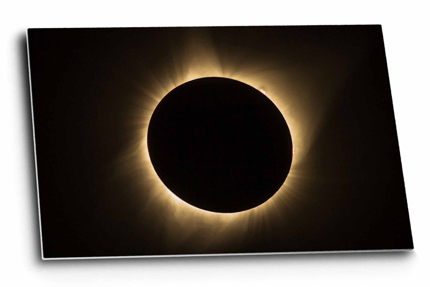 Celestial metal print on aluminum of a total solar eclipse with visible sun flares as captured in Nebraska by Sean Ramsey of Southern Plains Photography.