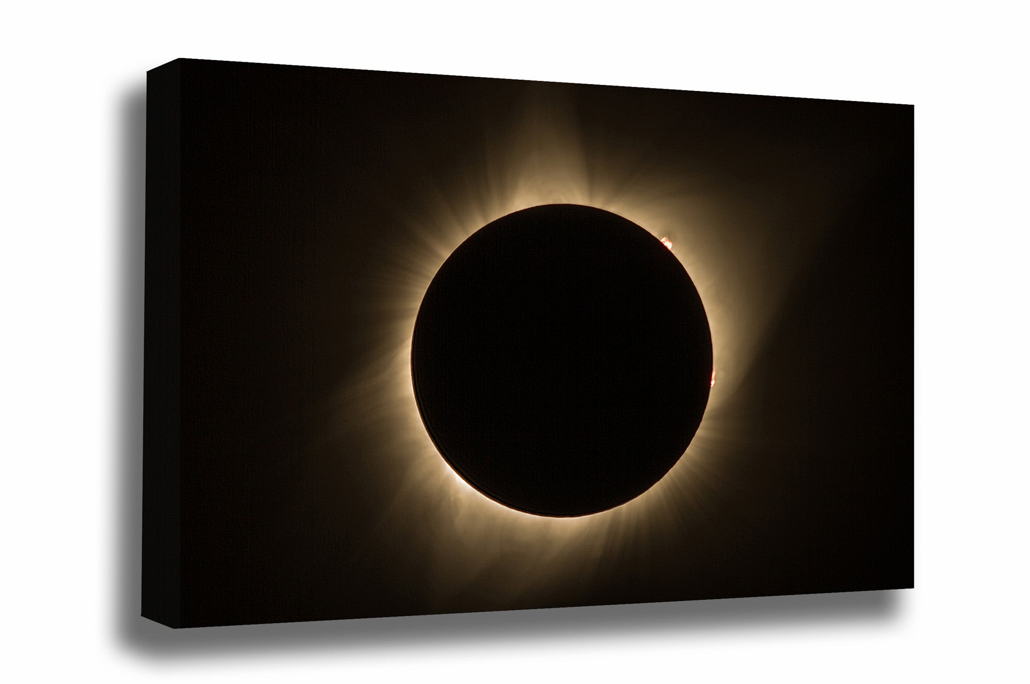 Celestial canvas wall art of a total solar eclipse with visible sun flares captured in 2017 in Nebraska by Sean Ramsey of Southern Plains Photography.