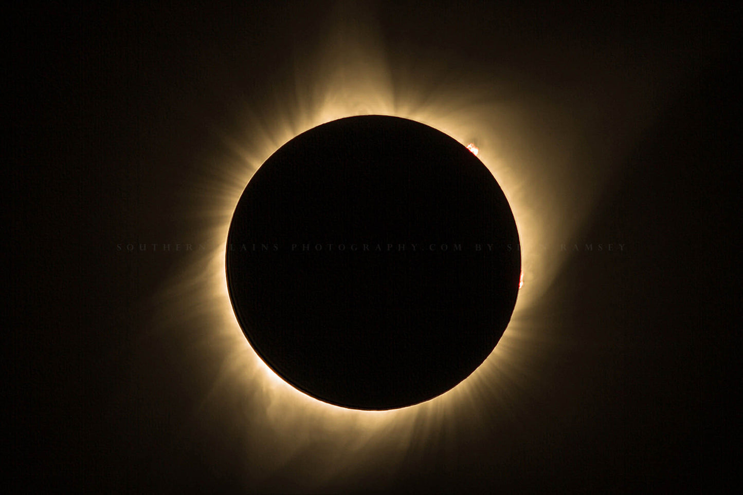 Celestial photography print of a total solar eclipse with visible sun flares as captured in Nebraska by Sean Ramsey of Southern Plains Photography.