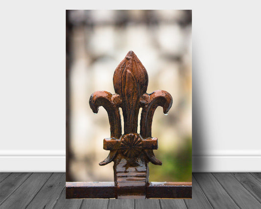 Vertical French Quarter metal print wall art on aluminum of a wrought iron Fleur de Lis in New Orleans, Louisiana by Sean Ramsey of Southern Plains Photography.