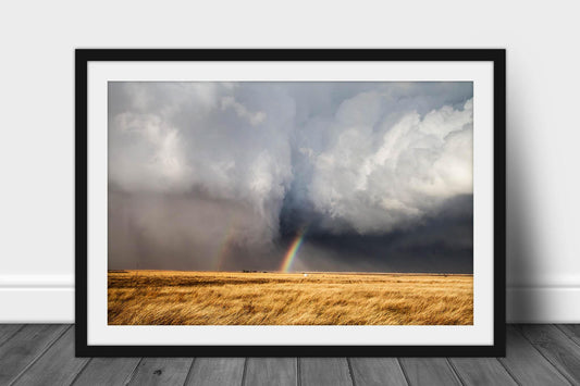 Framed and matted storm print of a rainbow appearing between a rain-wrapped tornado and storm cloud on a stormy spring day in Kansas by Sean Ramsey of Southern Plains Photography.