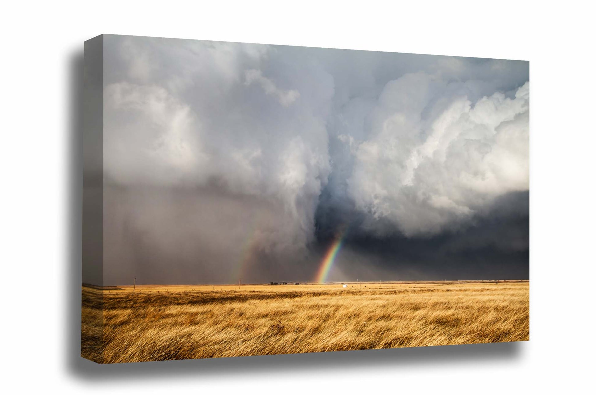 Nature canvas wall art of a rainbow appearing between a rain wrapped tornado and storm cloud on a spring day in Kansas by Sean Ramsey of Southern Plains Photography.