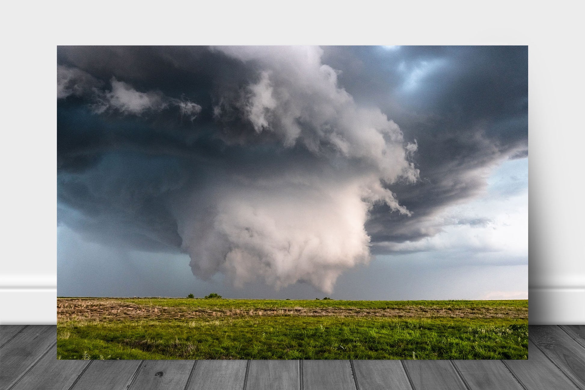 Supercell thunderstorm aluminum metal print wall art of a wall cloud under a mesocyclone reaching for ground level on a stormy spring day on the plains of the Oklahoma panhandle by Sean Ramsey of Southern Plains Photography.