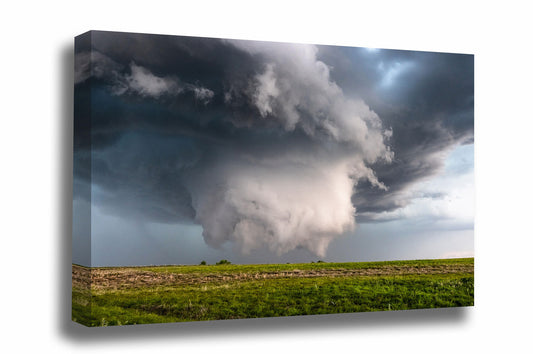 Supercell thunderstorm gallery wrapped canvas wall art of a wall cloud under a mesocyclone reaching for ground level on a stormy spring day on the plains of the Oklahoma panhandle by Sean Ramsey of Southern Plains Photography.