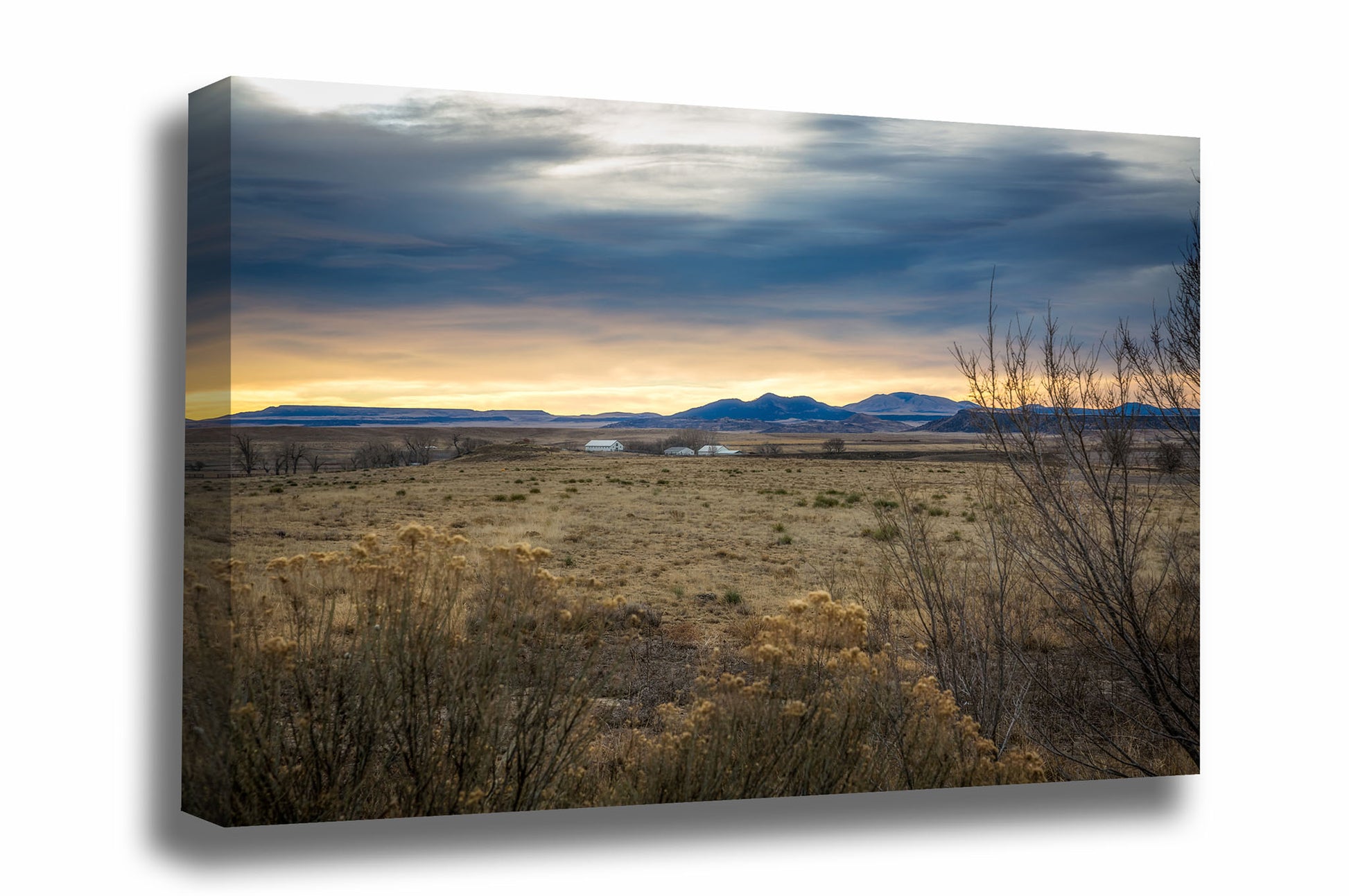 Rocky Mountains gallery wrapped canvas wall art of warm sunlight casting a glow over a valley on a winter morning near Raton, New Mexico by Sean Ramsey of Southern Plains Photography.