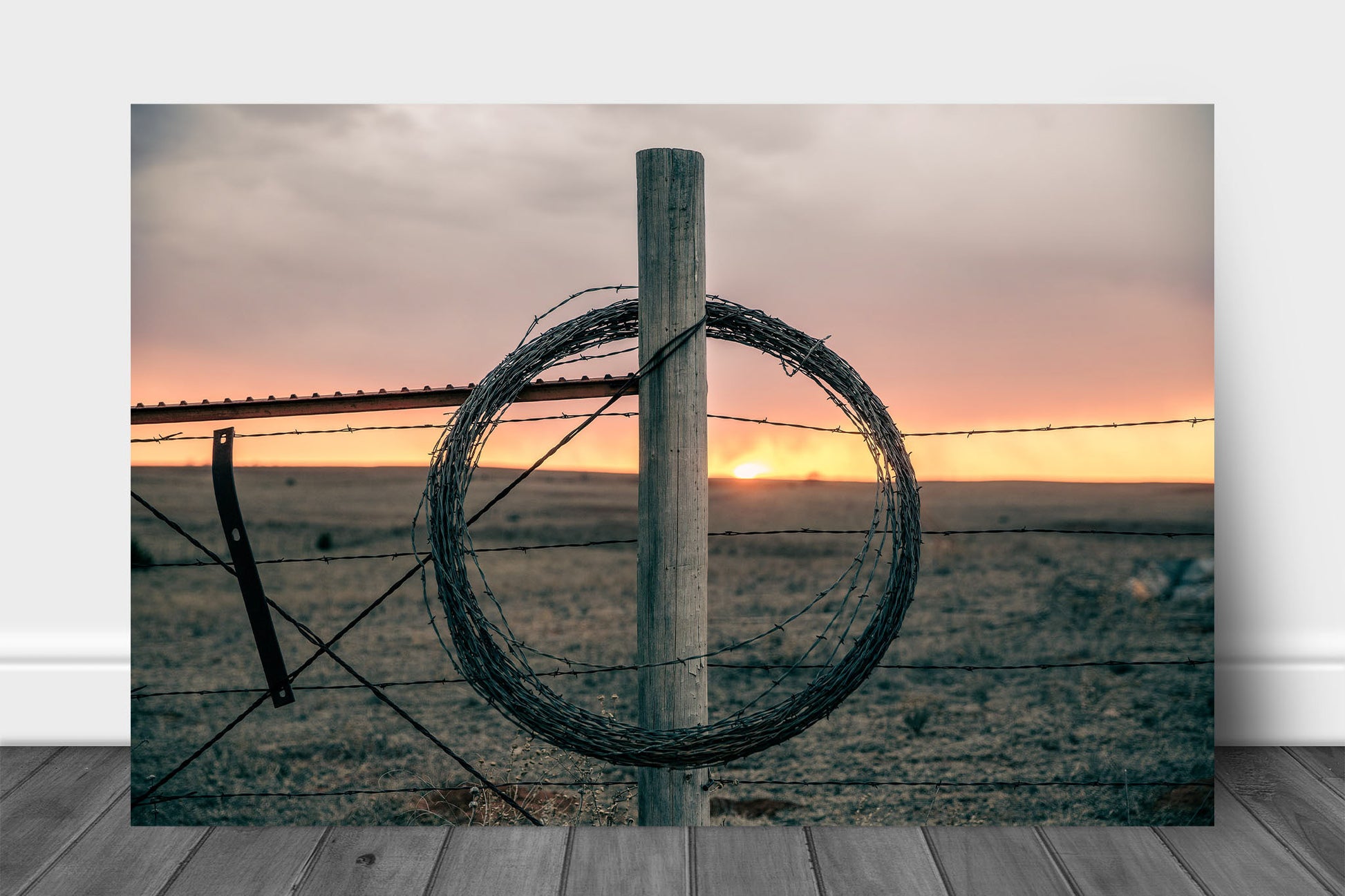 Western aluminum metal print wall art of rolled barbed wire on a fence post at sunset on a winter evening in Oklahoma by Sean Ramsey of Southern Plains Photography.