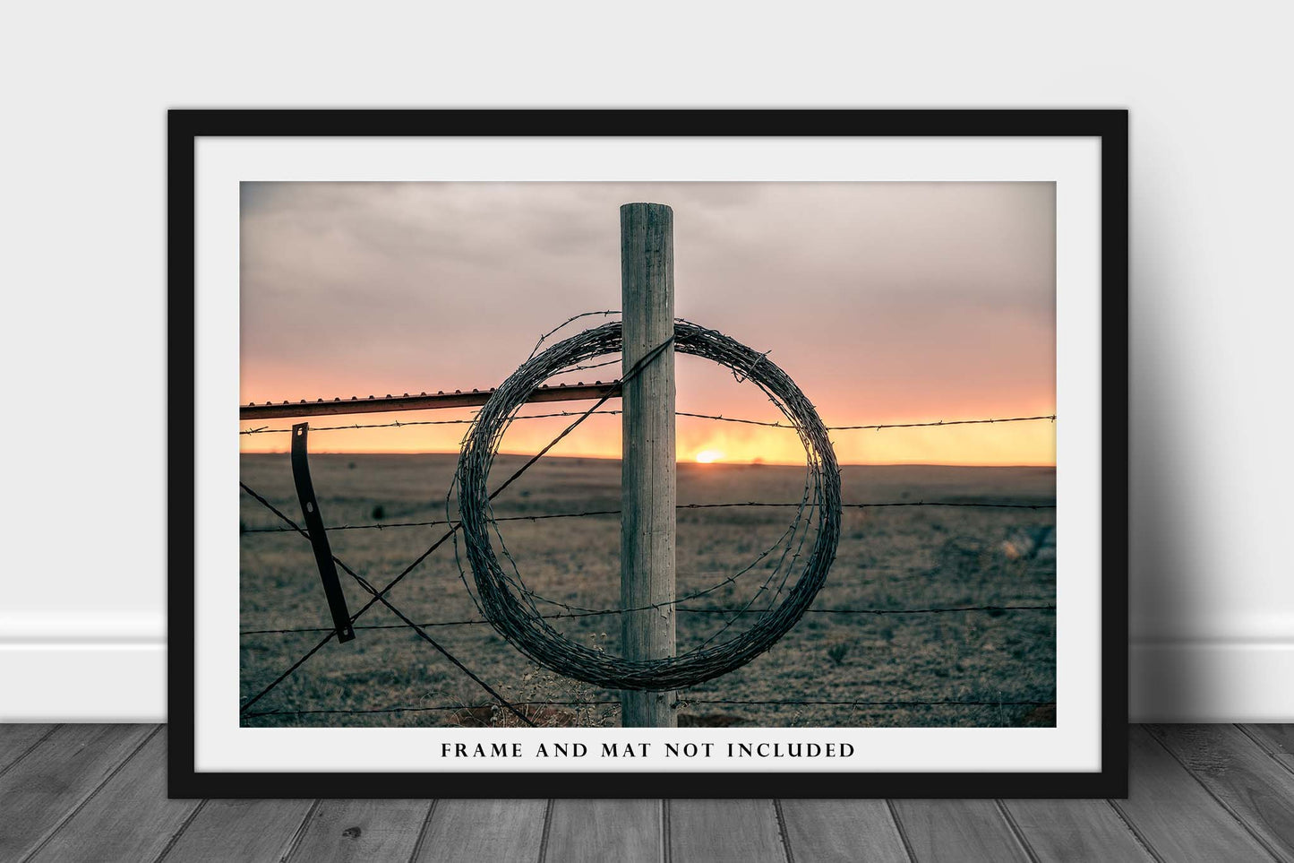 Western Photography Print - Picture of Rolled Up Barbed Wire on a Fence Post at Sunset in Oklahoma - Rustic Country Wall Art Photo Artwork