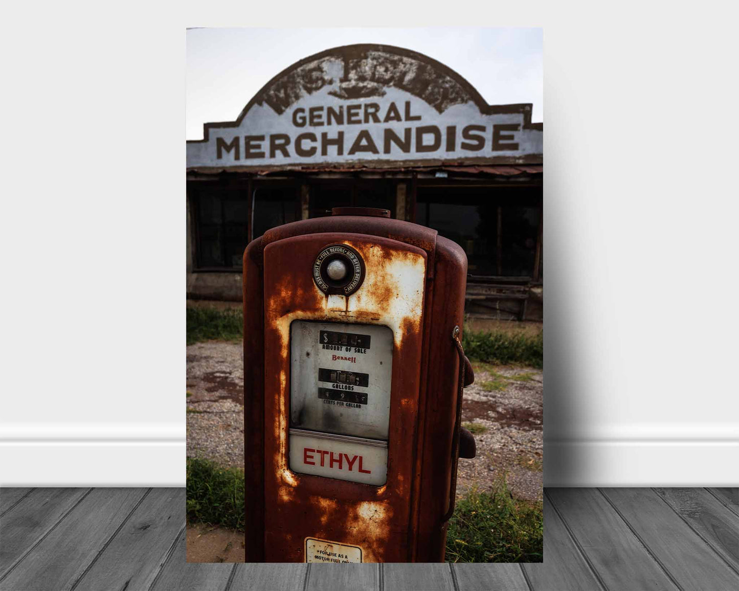 Vertical Rustic Americana aluminum metal print of an old ethyl gas pump at a roadside station along a highway in Oklahoma by Sean Ramsey of Southern Plains Photography.
