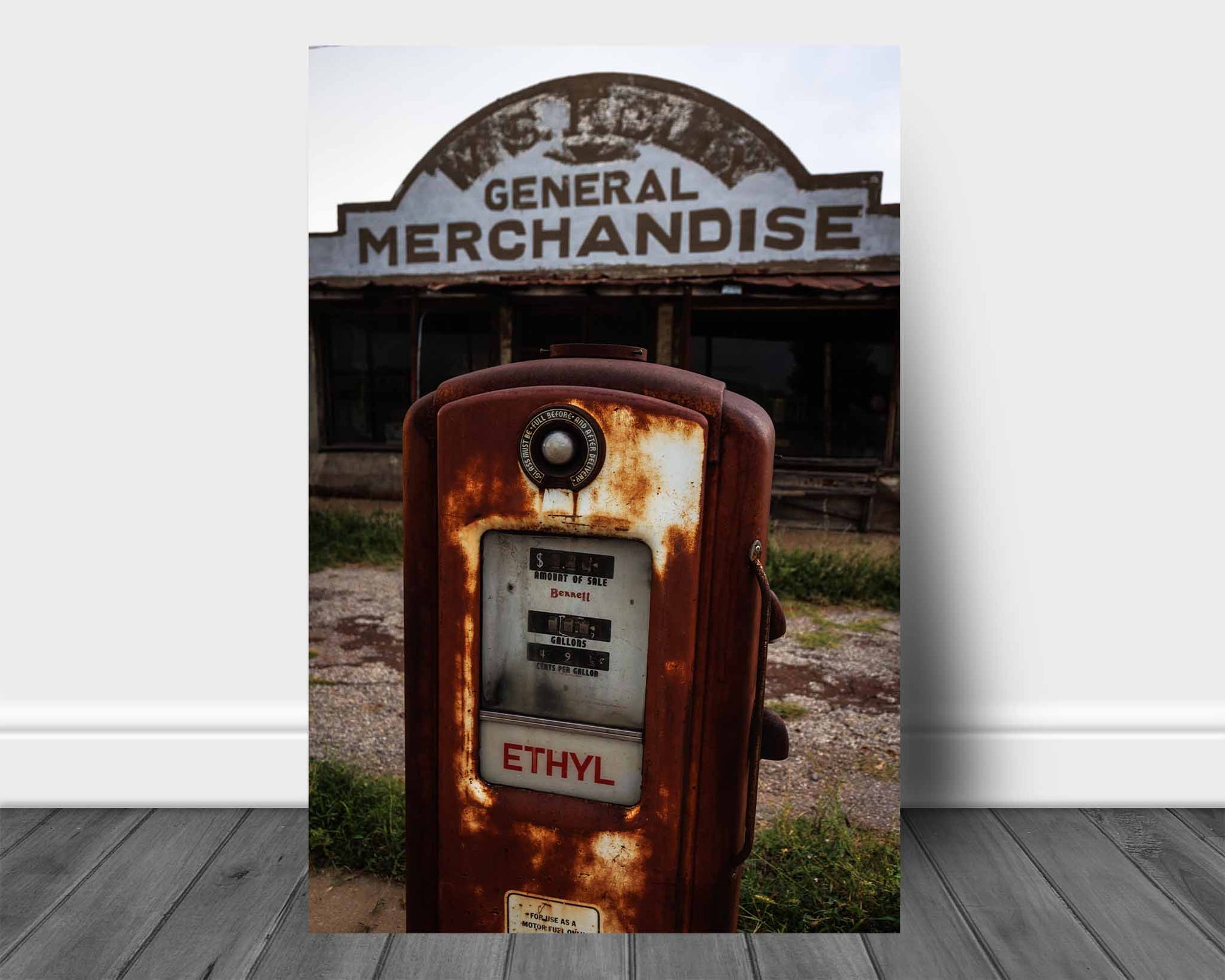 Vertical Rustic Americana aluminum metal print of an old ethyl gas pump at a roadside station along a highway in Oklahoma by Sean Ramsey of Southern Plains Photography.