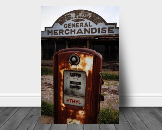 Vertical Rustic Americana aluminum metal print of an old ethyl gas pump at a roadside station along a highway in Oklahoma by Sean Ramsey of Southern Plains Photography.
