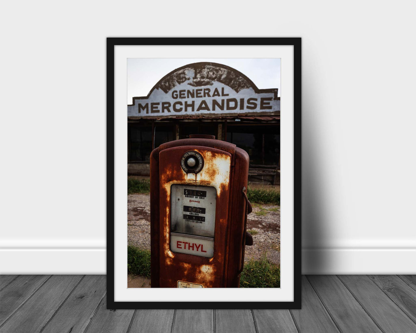 Framed vertical Rustic Americana print of an old ethyl gas pump at a roadside station along a highway in Oklahoma by Sean Ramsey of Southern Plains Photography.