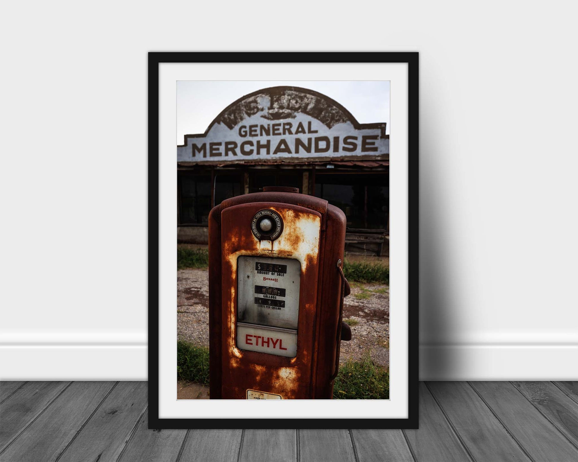 Framed vertical Rustic Americana print of an old ethyl gas pump at a roadside station along a highway in Oklahoma by Sean Ramsey of Southern Plains Photography.